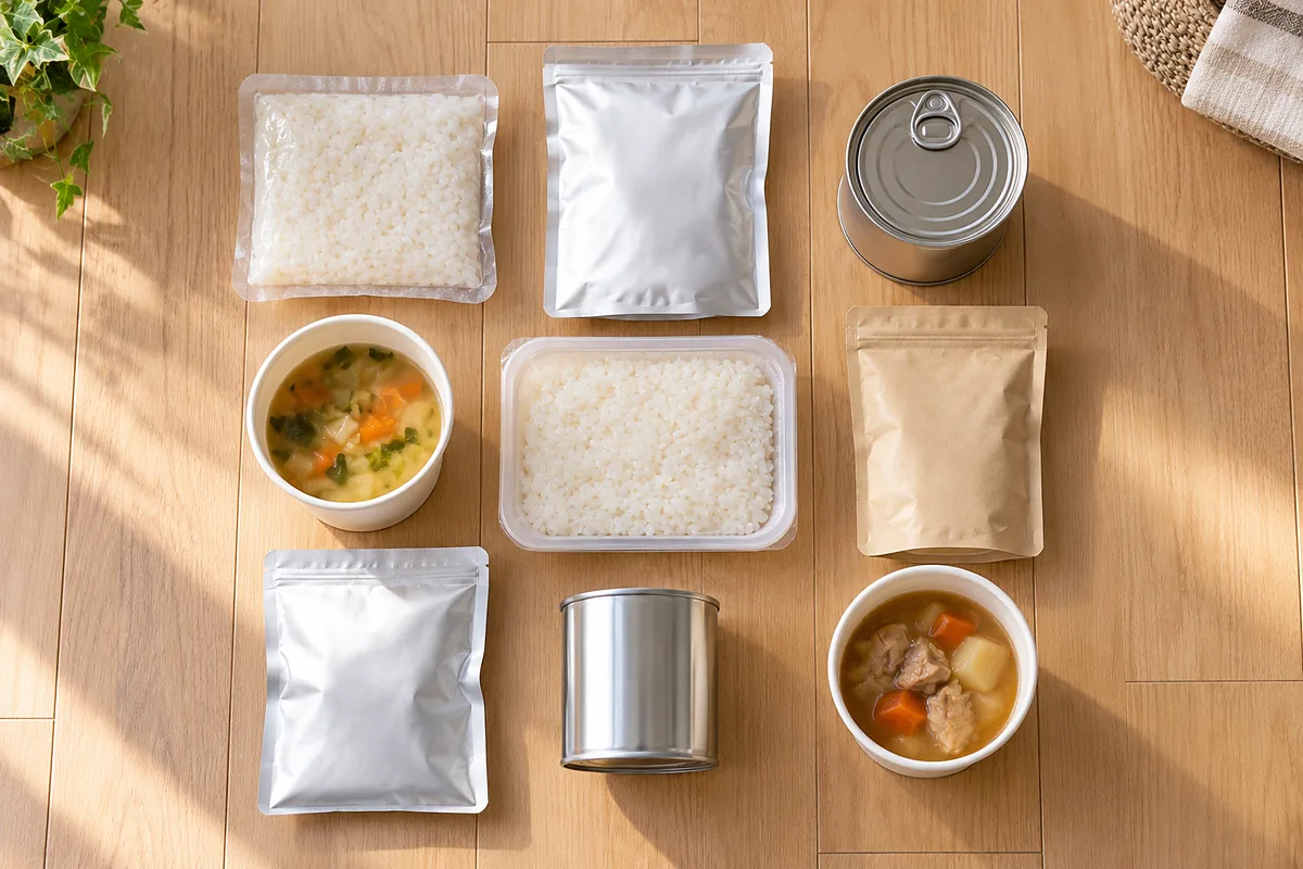 3日×3食のマス目に並べた9食分の備蓄食品