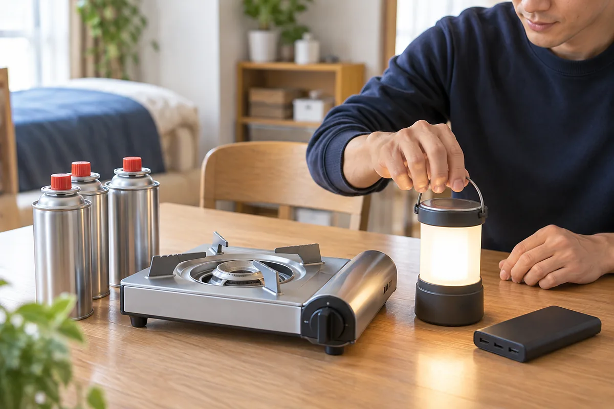 テーブル上のカセットコンロ、ボンベ、LEDランタン、モバイルバッテリー