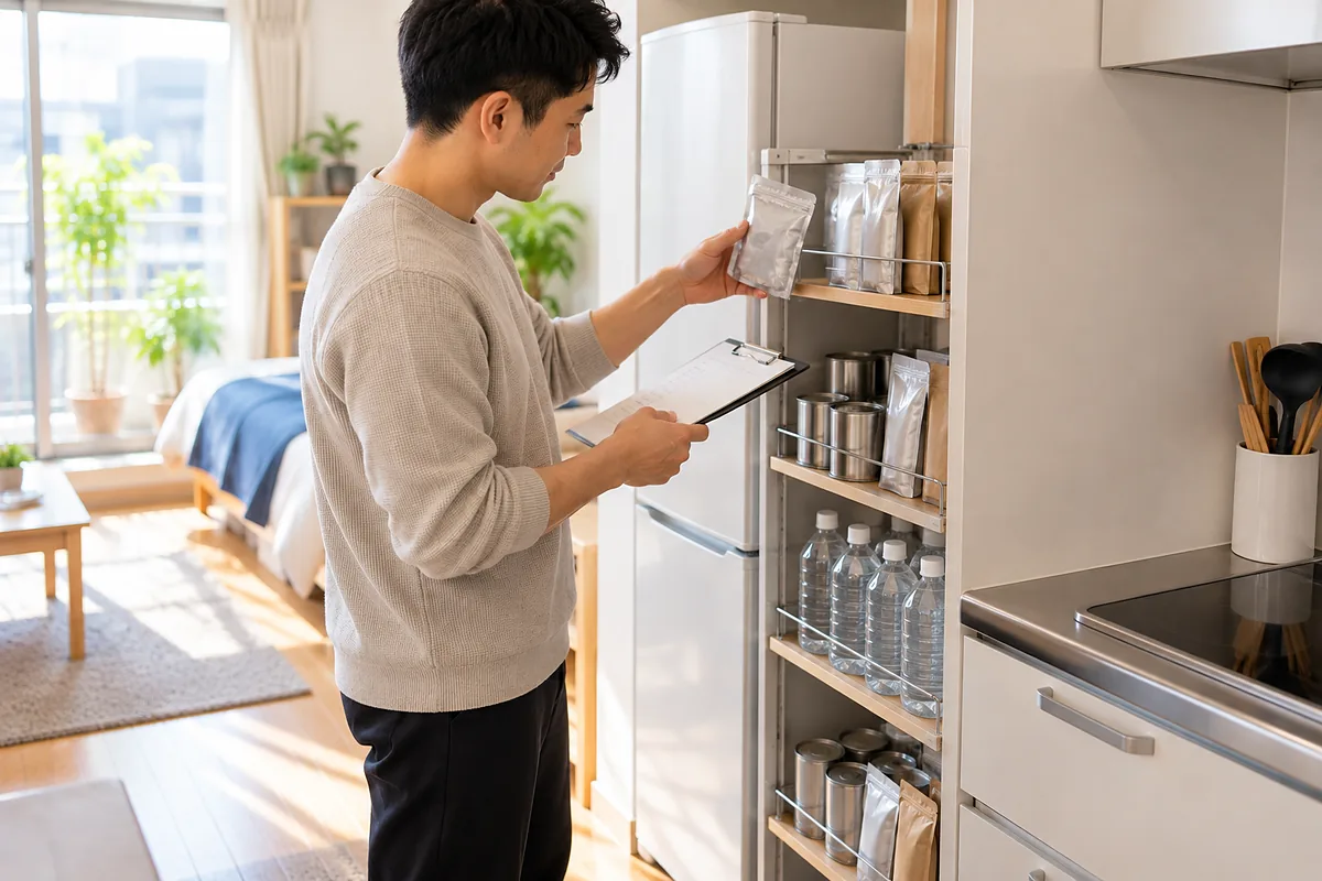 ベッド下から引き出した備蓄品の収納ケース