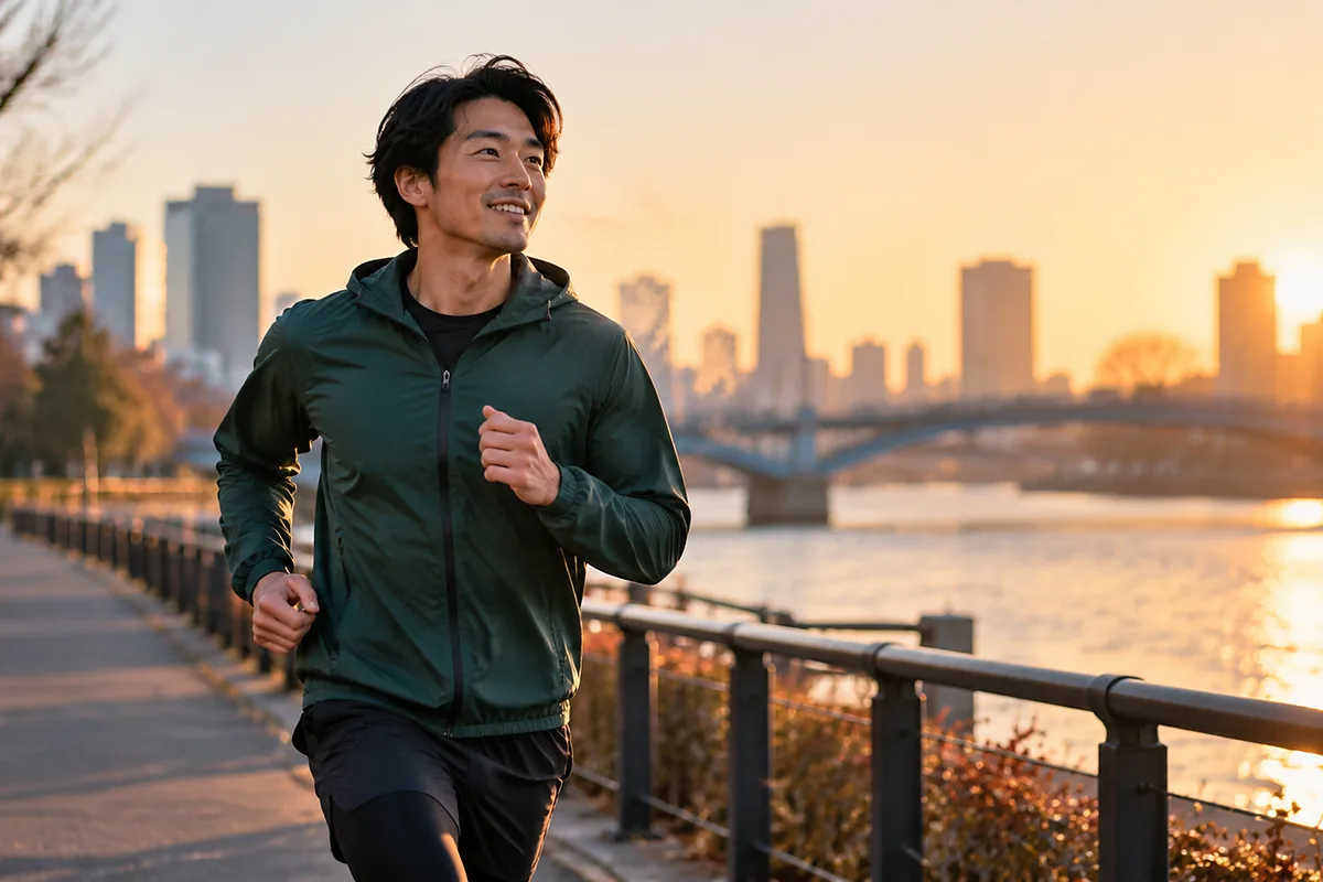 冬の朝、川沿いをジョギングする20代後半の男性