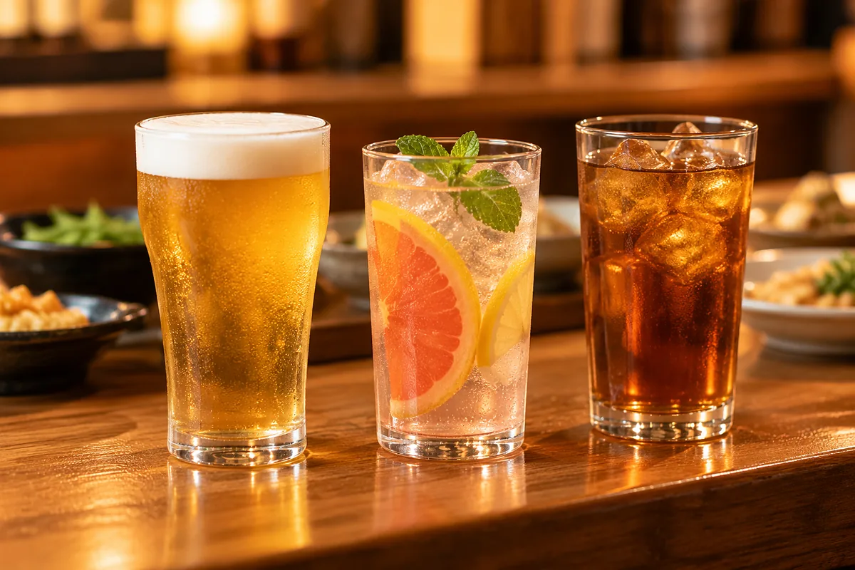 居酒屋のカウンターに並んだノンアルコールビール風ドリンク、ノンアルカクテル、烏龍茶の3つのグラス