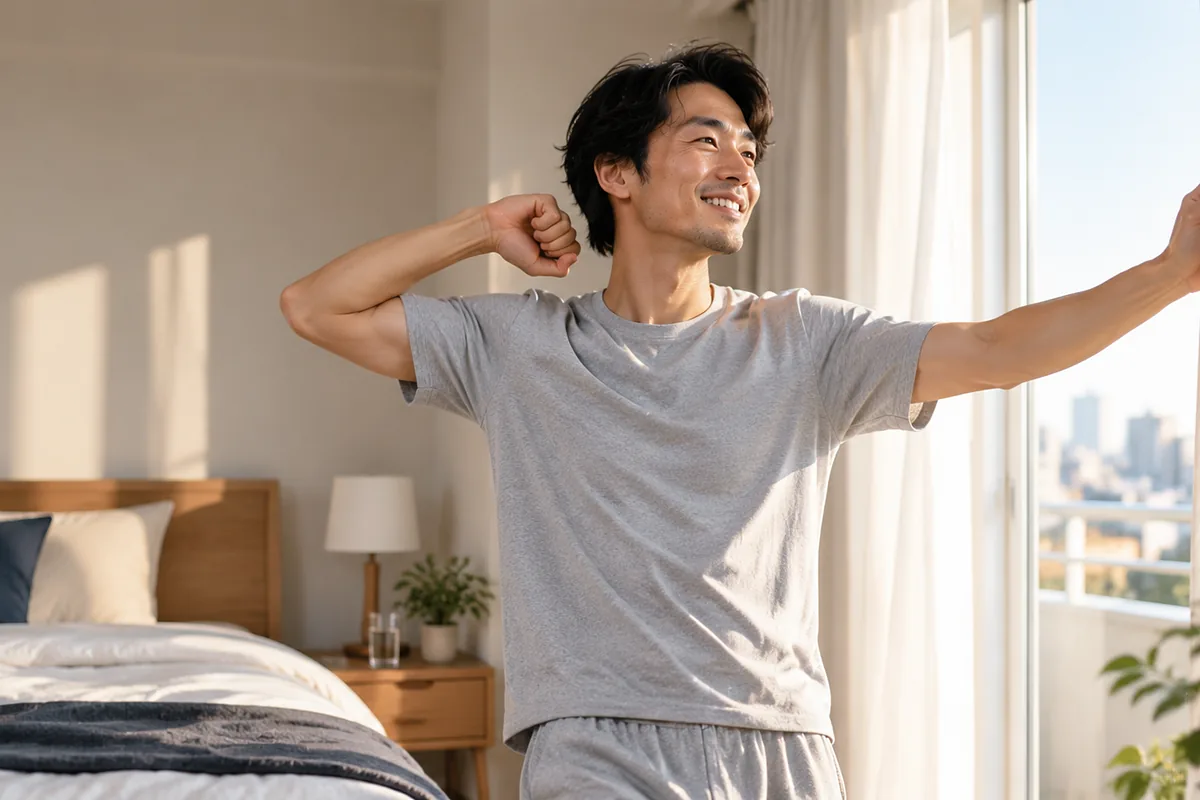 朝の寝室でカーテンを開けて朝日を浴びる男性