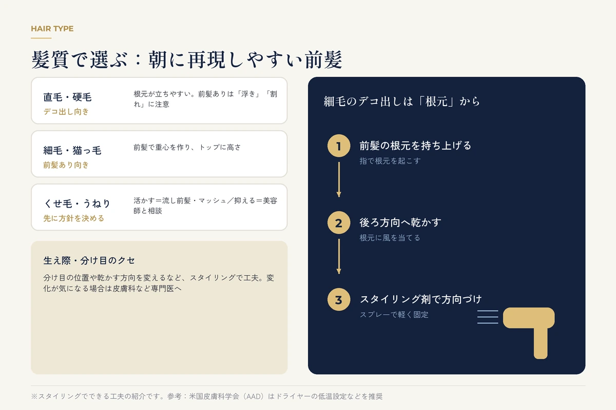 髪質別の前髪の選び方と、細毛のデコ出しで根元を起こすドライヤーの手順