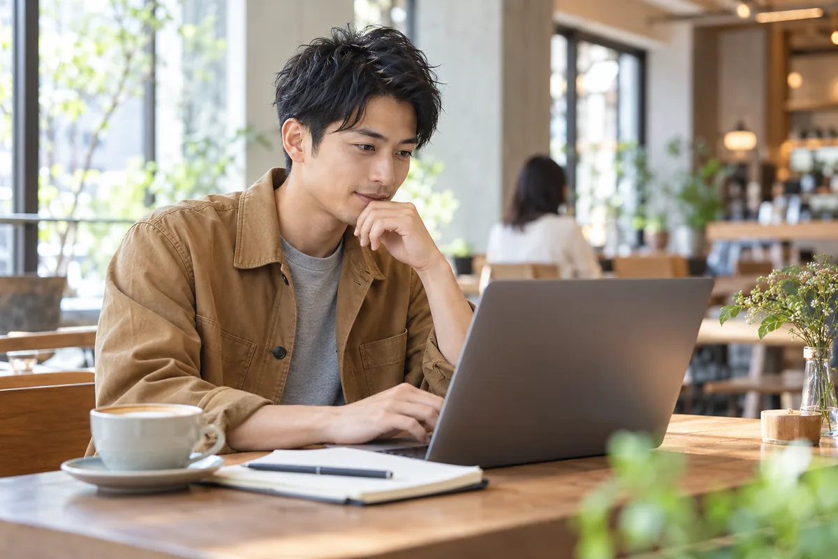 夜の自宅デスクでノートPCを開き、職務経歴書を書き進める30代男性