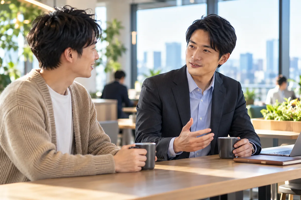 カフェで向かい合いキャリアについて話す20代と30代の男性