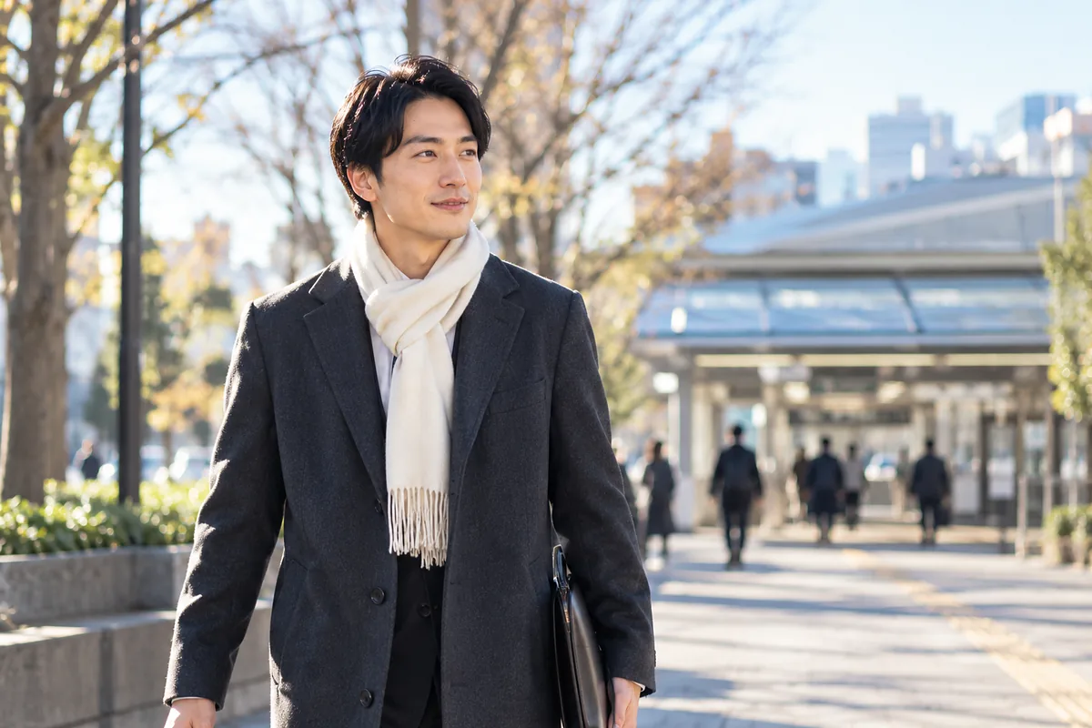 冬の朝、新しい職場へ向かって歩き出すスーツ姿の30代男性