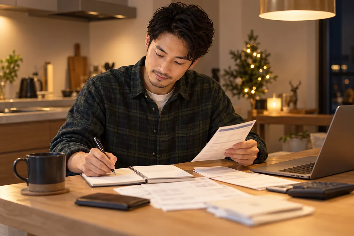 12月のカレンダーに5つのチェック項目を書き込む男性の手元