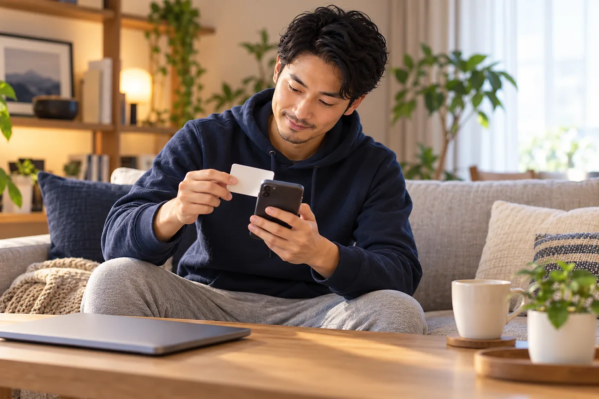 マイナンバーカードをスマートフォンで読み取りe-Taxで申告準備をする男性（番号は架空・ぼかし）