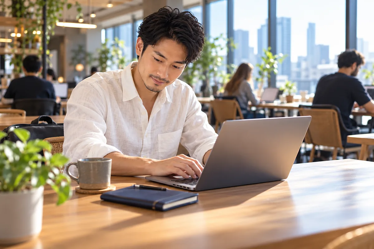 世界地図の前でノートPCを開き海外の税務情報を調べるリモートワーカーの男性