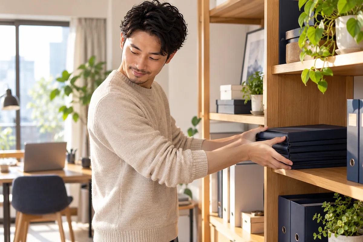 書類を整理し終えてコーヒーを片手にくつろぐフリーランスの男性