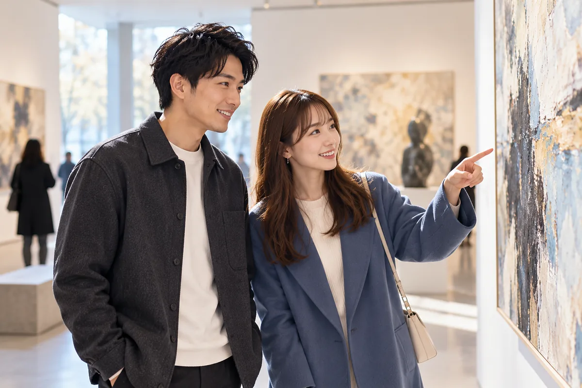 夕方のクリスマスマーケットを並んで歩く20代の男女の後ろ姿