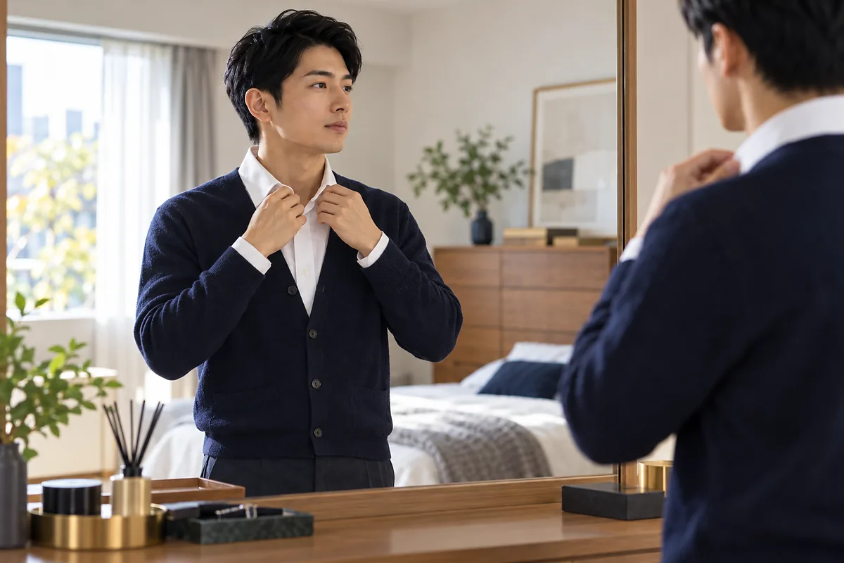 白いシャツの襟を整え、鏡の前で身だしなみを仕上げる30代前半の日本人男性