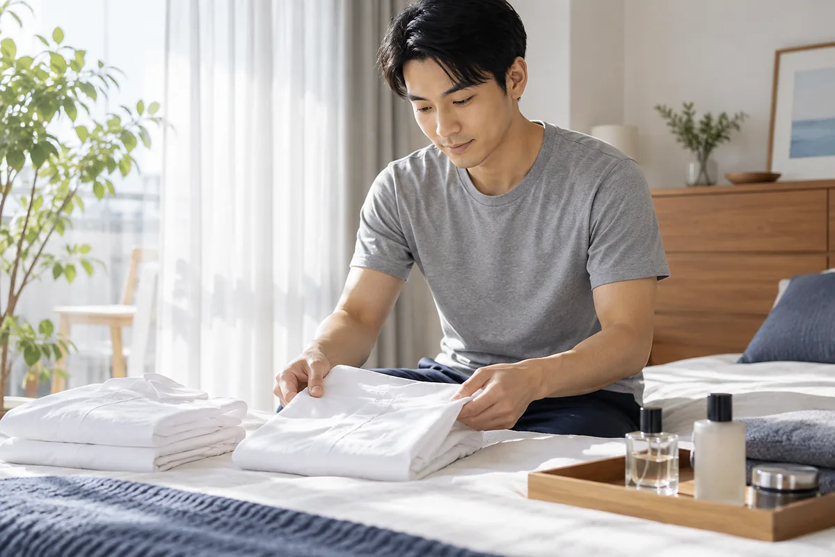 洗いたてのシャツをたたみ、無香料のケア用品が並ぶ清潔な部屋で身支度する日本人男性