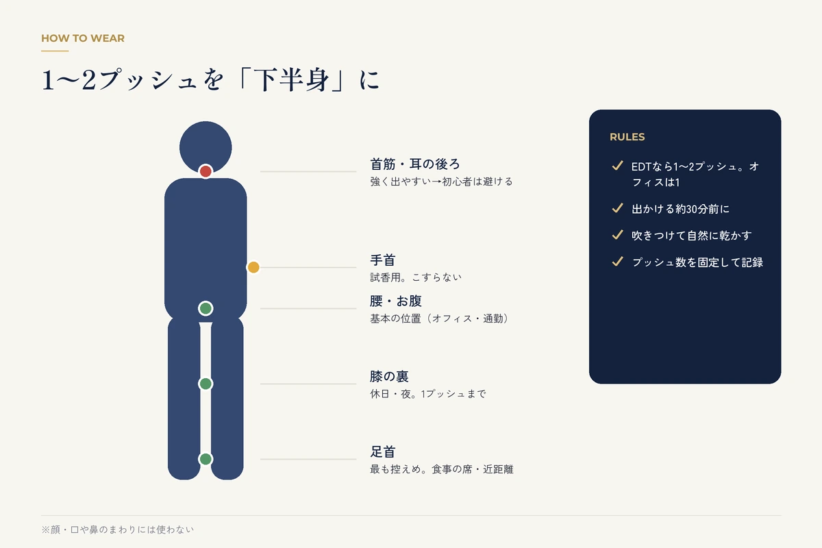 腰・膝裏・足首など香水をつける位置と避けたい位置を示した人体図