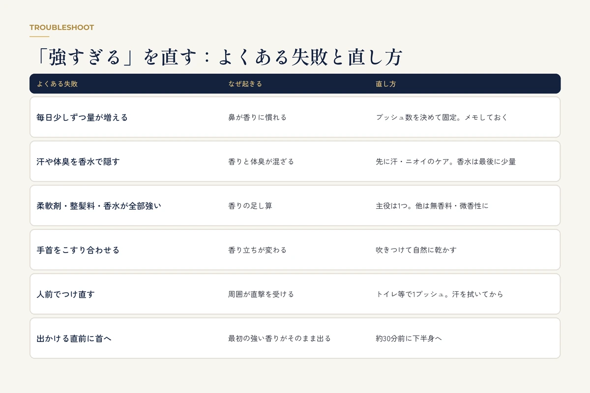 香水のよくある失敗6つと、その原因・直し方をまとめた表