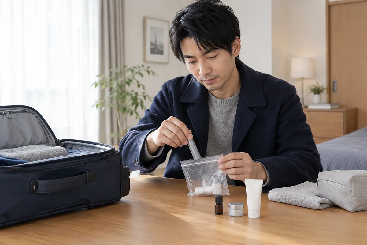空港の保安検査前で、小分け容器を透明な袋に入れて旅支度を整える日本人男性
