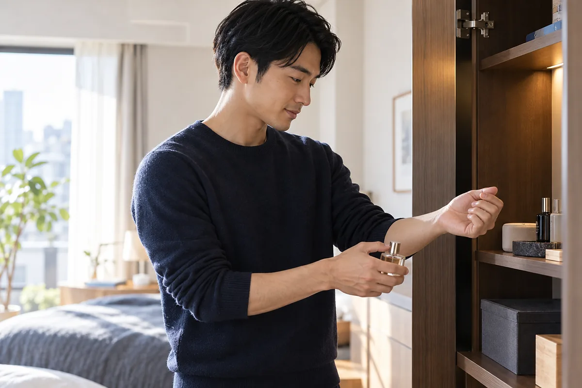 香水を目立たない場所で少量試し、直射日光を避けた棚に保管する日本人男性