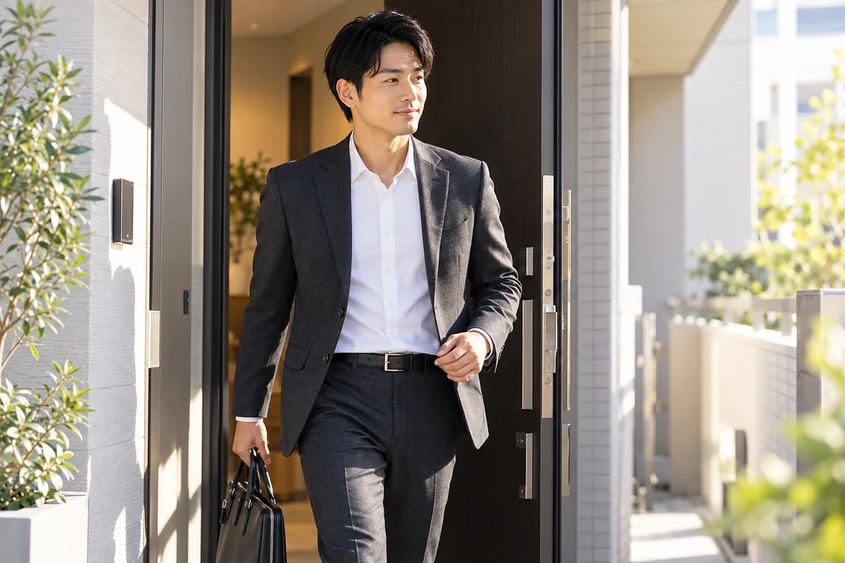 朝の光の中、身支度を終えて落ち着いた表情で玄関を出る30代の日本人男性