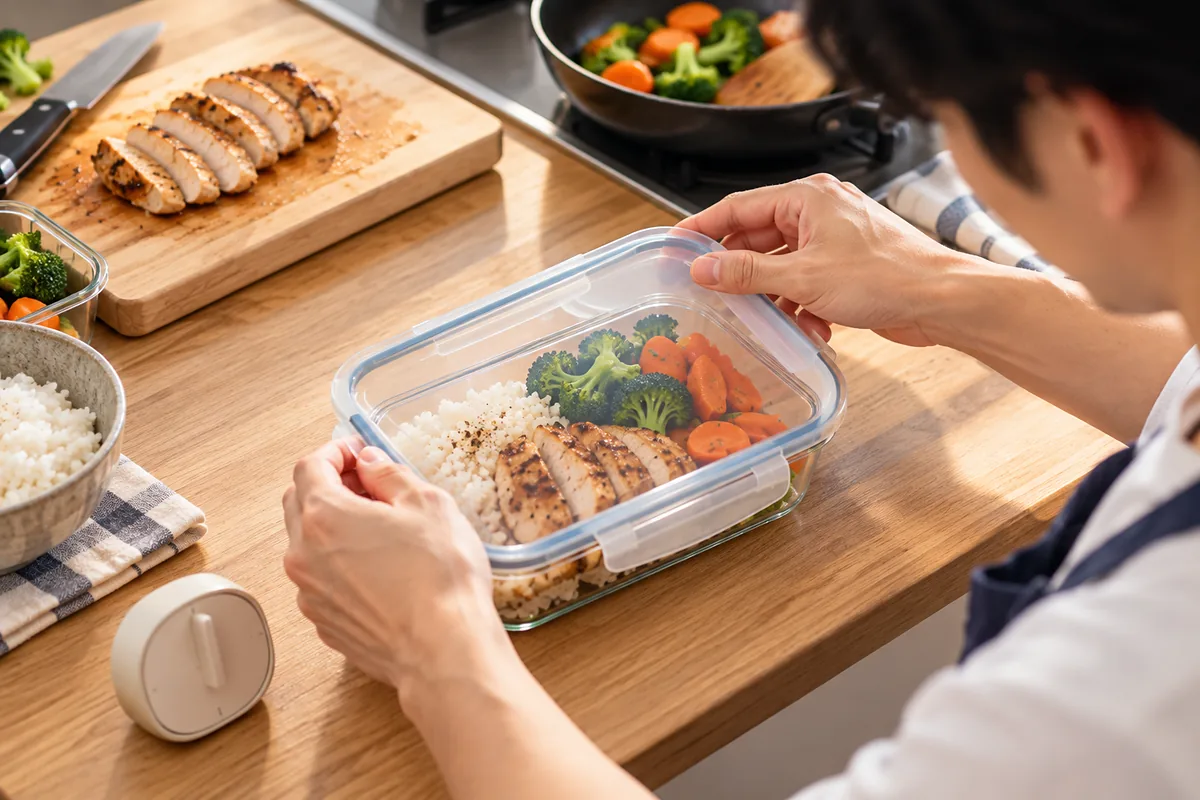 鶏肉・ご飯・野菜2品をそろえた弁当を並べ、キッチンタイマーを横に置いて作業する日本人男性
