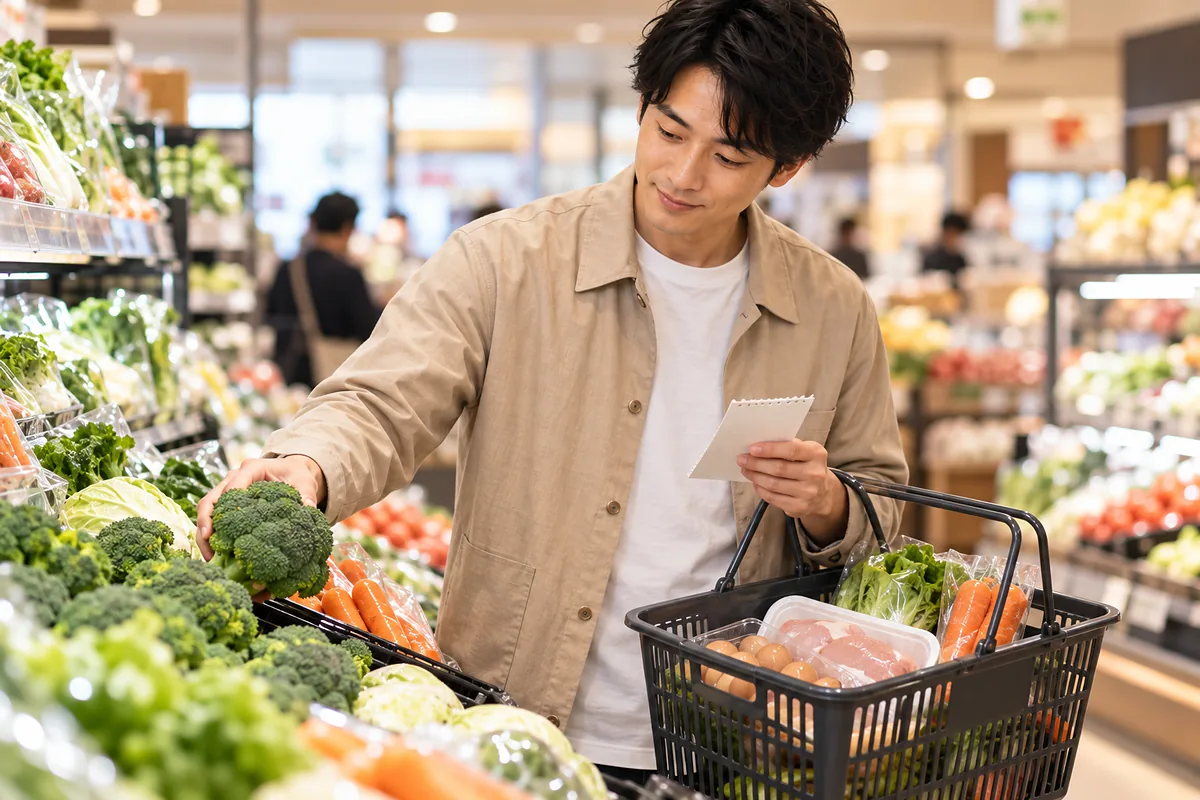 土曜のスーパーで買い物メモを見ながら鶏肉と野菜をかごに入れる日本人男性