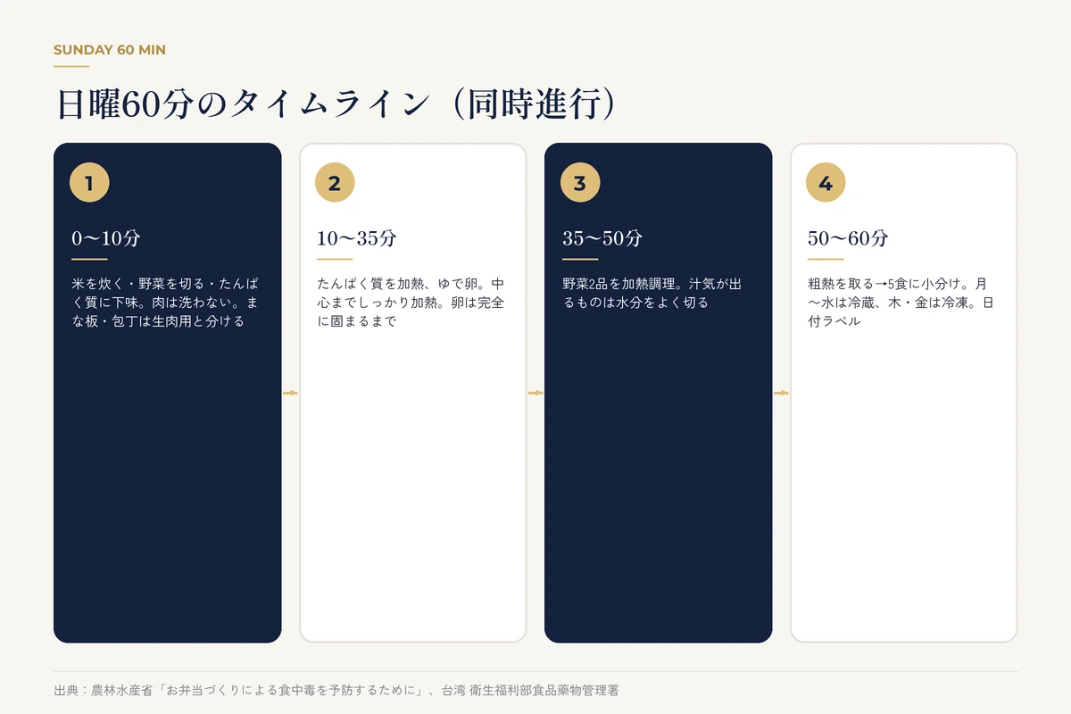 下ごしらえ・たんぱく質の加熱・野菜の調理・小分けと保存の4段階で示す日曜60分のタイムライン