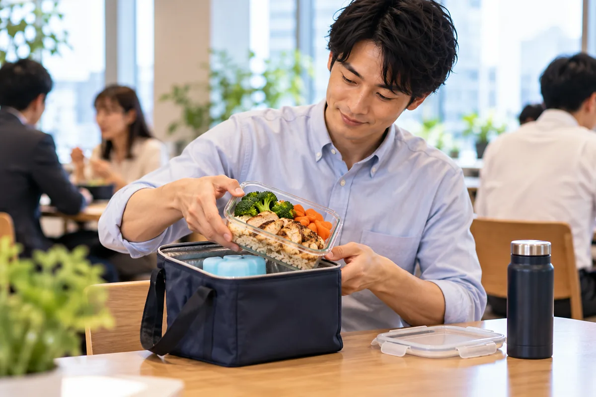 職場の休憩スペースで保冷バッグから手作り弁当を取り出す30代の日本人男性