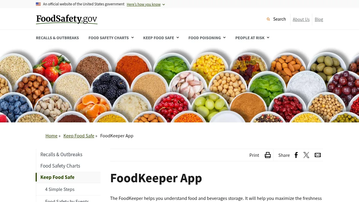 FoodKeeper App(FoodSafety.gov・英語)の公式サイト画面