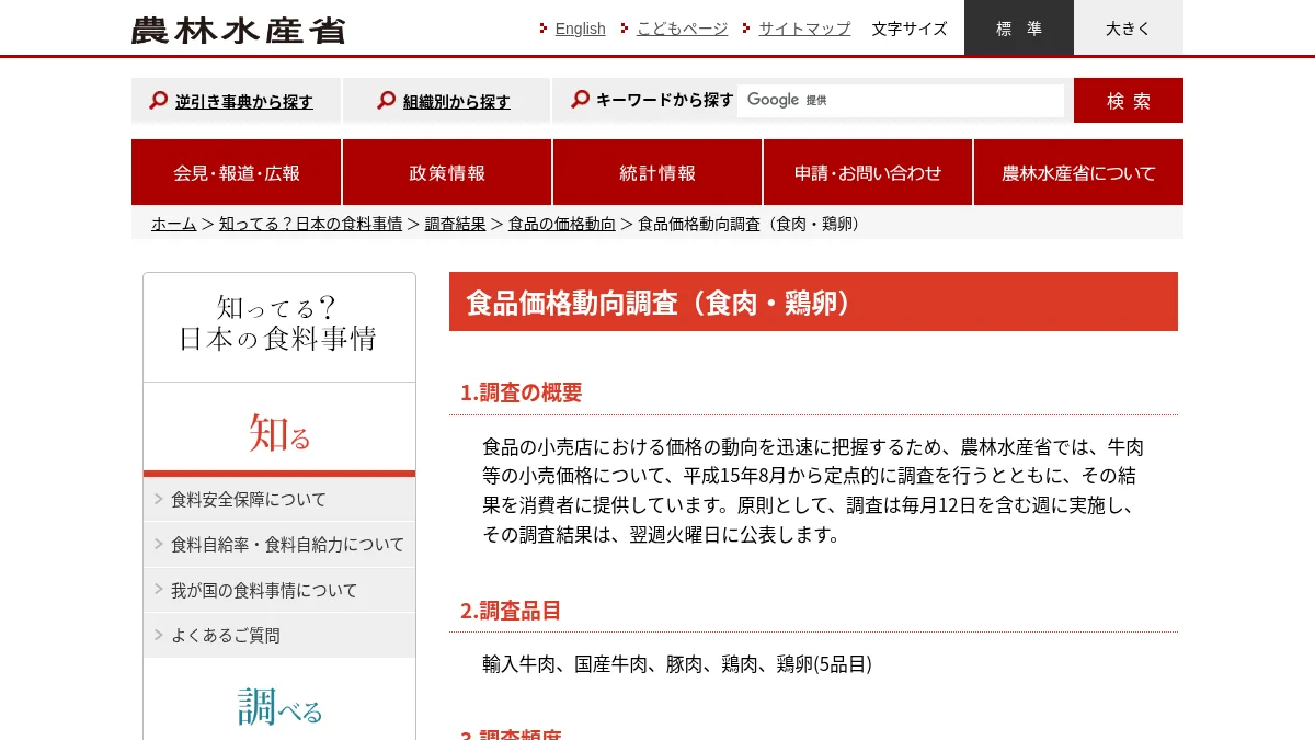 食品価格動向調査(農林水産省)の公式サイト画面