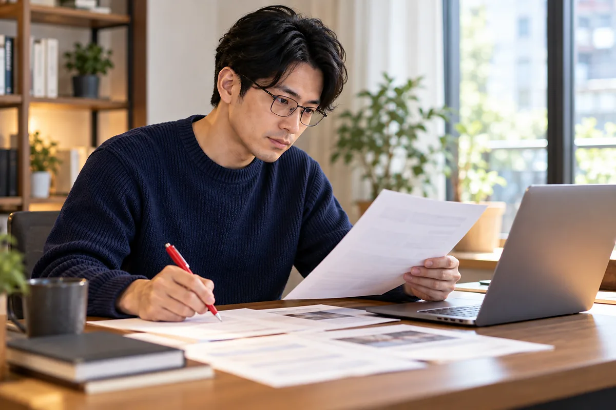 自宅のデスクで印刷したサンプル資料に赤ペンで確認の書き込みをする日本人男性