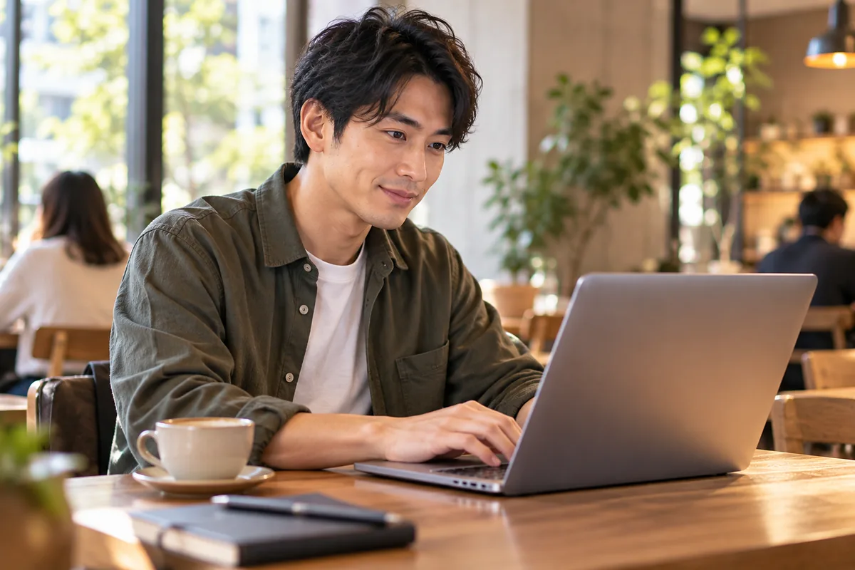 週末のカフェで私物のノートパソコンから案件に提案文を送る20代後半の日本人男性