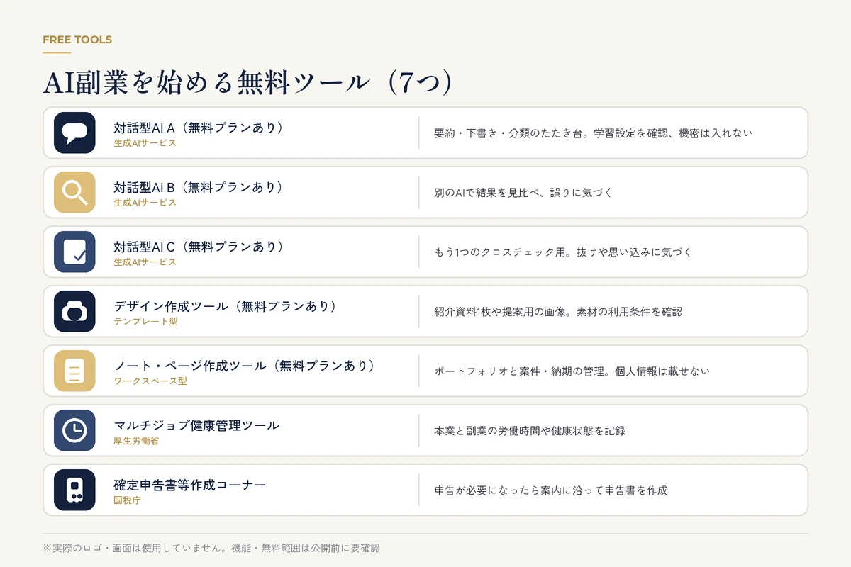 対話型AI3種、デザイン・ノート作成ツール、マルチジョブ健康管理ツール、確定申告書等作成コーナーの無料ツール7つ