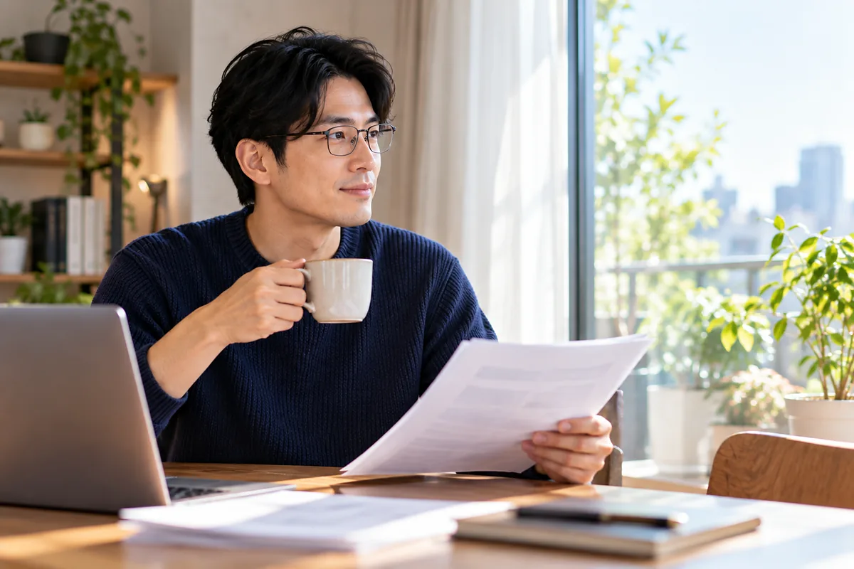 朝の窓辺で就業規則の資料を開き、落ち着いて次の一歩を考える日本人男性